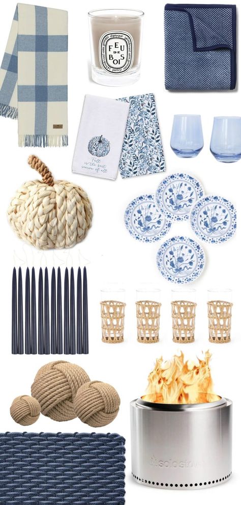 Blue And White Fall Decor, Coastal Fall Decor Ideas, Coastal Fall Decor, Good Mum, Fall Decor Bedroom, Blue And White Living Room, Coastal Fall, Blue Wine Glasses, Front Stoop