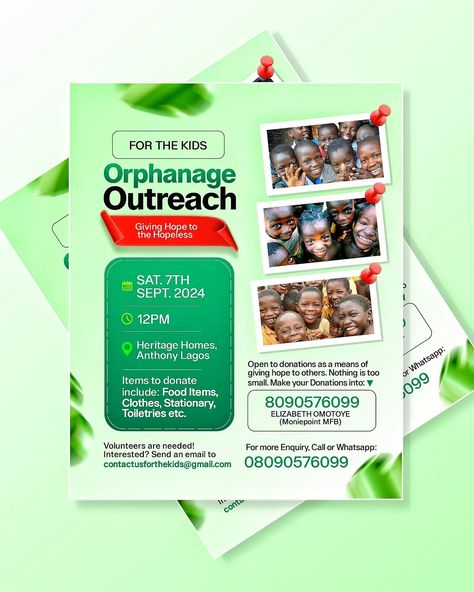 A simple orphanage outreach flyer Outreach Flyer Design, Orphanage Design, Social Media Advertising Design, Church Graphic Design, Give Hope, Flyer And Poster Design, Creative Flyers, Social Media Design Inspiration, Social Media Design Graphics