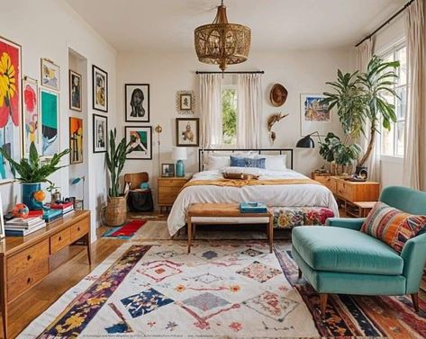 Eclectic Guest Room, Simple Eclectic Bedroom, Boho Eclectic Bedroom, Bedroom Nyc, Eclectic Bedroom Ideas, Cozy Eclectic, Bedroom Eclectic, Large Bed, Large Beds