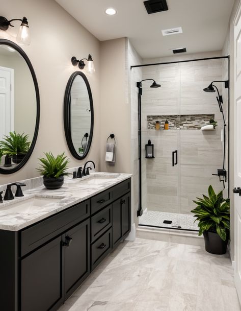 Medium Size Bathroom Remodel, Bathroom 2025 Design Trends, 2025 Bathroom Ideas, 2025 Bathroom Trends, Modern Main Bathroom, Bathroom With Black Fixtures, Small Dark Bathroom, Black Bathrooms, Restroom Remodel