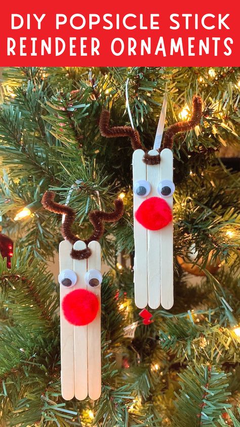 DIY Popsicle Stick Reindeer Ornaments Popsicle Stick Reindeer, Popsicle Ornaments, Stick Reindeer, Homemade Christmas Tree Decorations, Reindeer Christmas Cards, Popsicle Stick Ornaments, Santa Tracker, Homemade Christmas Tree, Christmas Trees For Kids