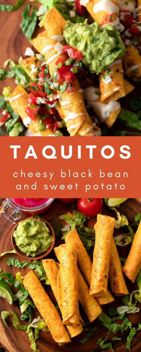 taquitos with cheese, salsa, guacamole, black beans, sweet potato, and corn Taquitos Sauce Recipe, Vegetarian Mexican Appetizers, Black Bean And Cheese Taquitos, Mexican Food Vegetarian, Black Bean Taquitos Air Fryer, Creamy Black Bean Taquitos, Taquitos Vegetarian, Sweet Potato Black Bean Taquitos, Sweet Potato Taquitos