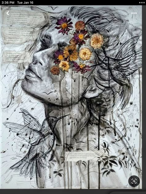 Dry Media Art, Charcoal And Paint Art Mixed Media, Mixed Media Drawing Ideas, Mixed Art Painting, Flower Mixed Media Art, Different Media Art, Emotional Artwork Mixed Media, Mixed Media Ideas Art, Mixed Media Artwork Ideas