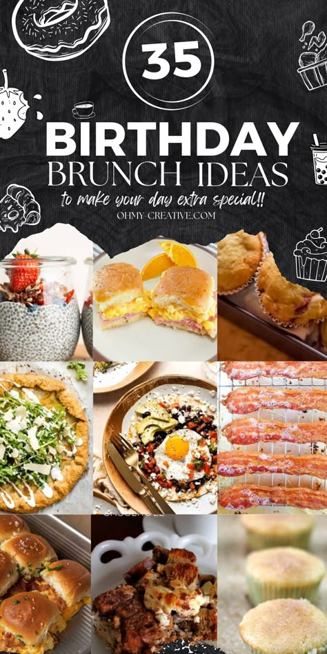 Transform your next birthday celebration into a delightful birthday brunch with our collection of 35 inspiring ideas! Find a variety of mouthwatering recipes that range from soft and fluffy pastries, breakfast casseroles, drinks and a DIY pancake station. Celebrate in brunch style with us as we toast to another year of happiness and unforgettable moments!  #BrunchBirthday #BirthdayIdeas #PartyFoods #BrunchIdeas #BirthdayBrunch Birthday Brunch For Him, Brunch Bday Party Ideas, 40th Birthday Brunch For Men, Brunch For Men Ideas, Birthday Brunch Ideas For Husband, 30th Bday Brunch Ideas, Birthday Brunch Recipes, Brunch 50th Birthday Party, Birthday Brunch Cake Ideas