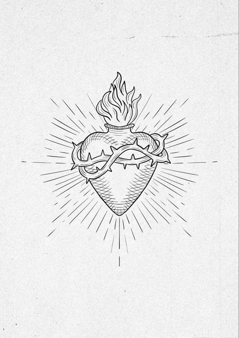 Leg Tattoos Linework, Christian Heart Tattoo, Simple Sacred Heart Tattoo, Realistic Sacred Heart Tattoo Design, Simple Sacred Heart, Sacred Heart Tattoo Stencil, Biblical Art Tattoo, Linework Tattoo Sleeve, Christian Patchwork Tattoo