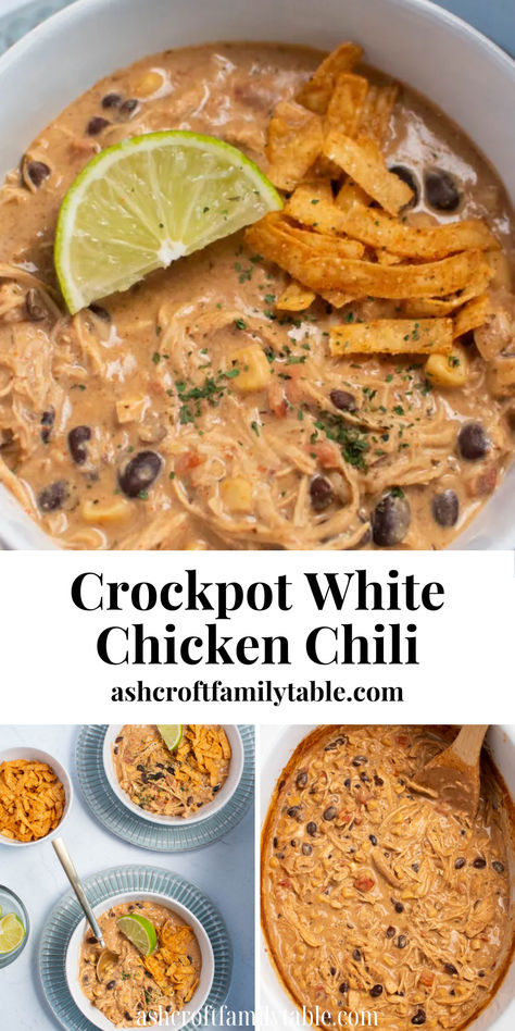 Crockpot white chicken chili with cream cheese served as a fall dinner. Croc Pot Fall Recipes, Crock Pot Meals For Kids, Crockpot Fall Meals, Fall Dinner Ideas Crock Pot, Crockpot Frozen Chicken Recipes, Chicken Breast Crockpot Recipes Easy, Fall Dinners For Family, Crockpot White Chicken Chili Easy, Easy Crockpot Recipes With Few Ingredients