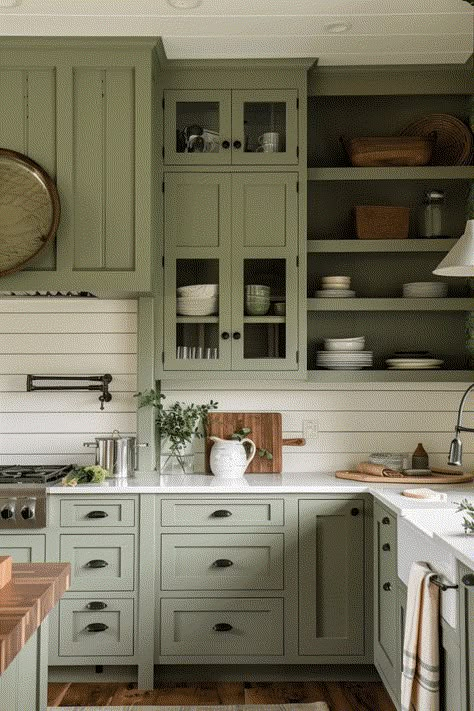 Sage Green And Taupe Kitchen, Painted Kitchen Cabinets Colors Green, Light Green Cabinets Kitchen, Clary Sage Kitchen Cabinets, Green And White Kitchen Cabinets, Green Kitchen Cabinets Ideas, Sage Green Kitchen Cabinets, Green Kitchen Cabinet, House Collage