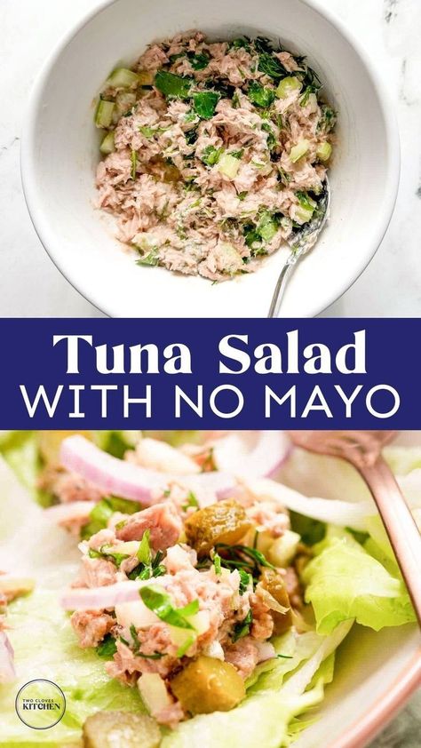 Tuna salad without mayo is tasty and a healthy salad idea for lunch or dinner. This no-dairy tuna salad is perfect for a quick, healthy meal and ideal for meal prep. Enjoy it on lettuce, in a sandwich, or even toss it with pasta for a gluten-free option. This flavorful tuna salad combines celery, Dijon mustard, lemon juice, fresh herbs, and extra virgin olive oil for a delicious, healthy dish. Perfect for lunch or dinner, this tuna salad is packed with fresh flavors and simple to make! Mayo Salad Recipes, Dairy Free Tuna Salad, Tuna Salad Without Mayo, Healthy Recipes Lunch, Tuna Salad No Mayo, Cold Lunch Recipes, Tuna Lunch, Healthy Tuna Recipes, Healthy Seafood Dishes