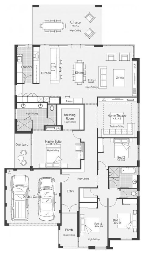 Marrakech Display Home - Lifestyle Floor Plan Second Bathroom, Rv Garage, 4 Bedroom House Plans, Home Design Floor Plans, House Layout Plans, Theatre Room, Family House Plans, House Blueprints, 4 Bedroom House