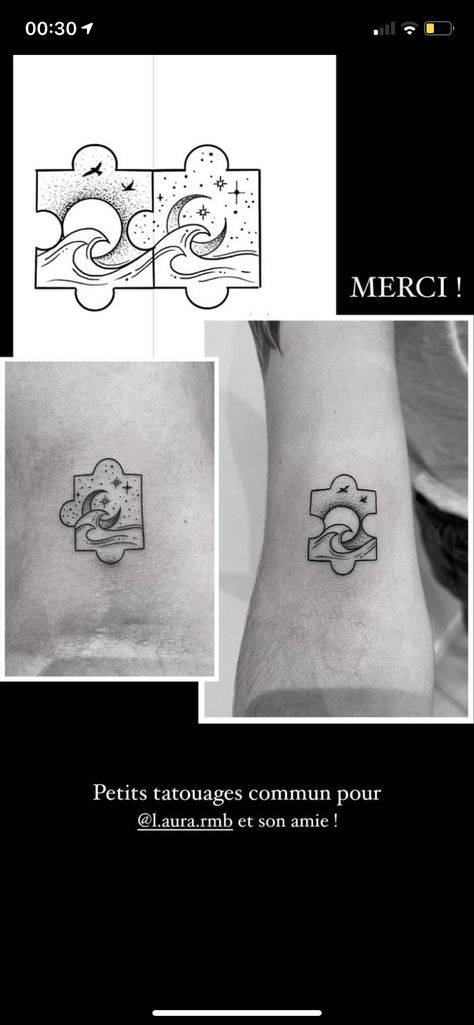 Celestial Friendship Tattoo, Matching Jigsaw Tattoo, Two Halves Tattoo, Matching Tattoos That Connect, Male Matching Tattoos, Friendship Tattoos For Guys, Long Distance Tattoos, Matching Tattoos For Brother And Sister, 5cm Tattoo Ideas