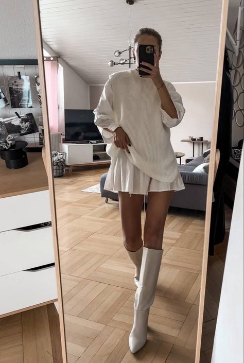 Short White Pleated Skirt Outfit, November Outfits 2023, Ruffle Outfits Women, White Skirt Outfit Fall, White Skirt Winter Outfit, White Skirt Outfit Winter, White Plaid Skirt Outfit, Tall White Boots Outfit, All White Fall Outfit