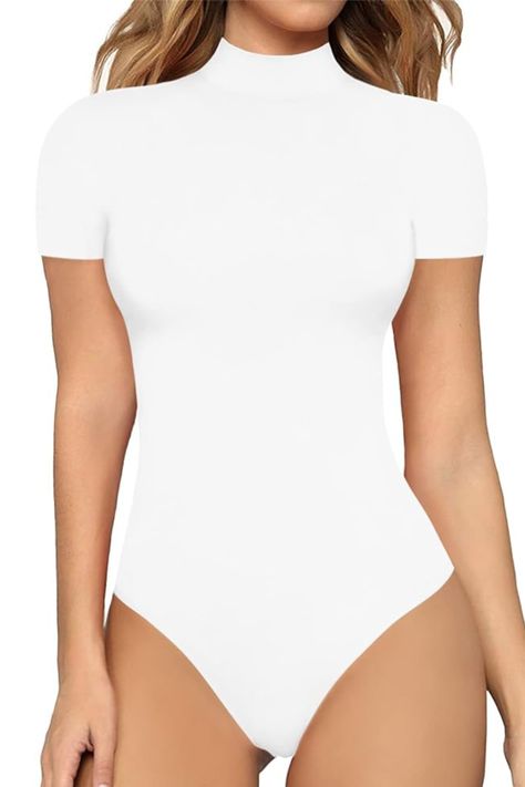 A sleek design perfect for daily wear. This mock neck short-sleeve bodysuit is made of soft, breathable, stretchy, high-quality fabric. Turtle Neck Sleeveless, Basic Bodysuit, Tank Top Bodysuit, Short Sleeve Romper, Mock Turtleneck, Short Sleeve Bodysuit, Color Shorts, Sleeved Romper, Sleeveless Tank Top