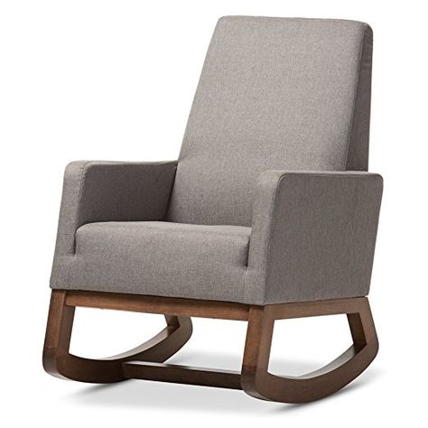 Baxton Studio Yashiya Mid Century Retro Modern Fabric Upholstered Rocking Chair, Grey Nursery Armchair, Mid Century Rocking Chair, Upholstered Rocking Chair, Upholstered Rocking Chairs, Modern Rocking Chair, Rocking Armchair, High Back Armchair, Rocking Chair Nursery, Chair And Ottoman Set