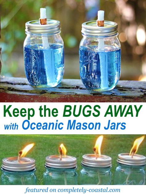 These mason jar tiki torch lamps not only keep the bugs away but they have an oceanic vibe, especially if you use blue Mason jars. And beach them up by adding some seashells on the bottom! Featured on Completely Coastal. House Fly Repellent, Mason Jar Citronella Candles, Bug Deterrent, Diy Citronella, Jar Projects, Jars Ideas, Whiskey Bottles, Diy Mason Jar, Wine Bottle Diy Crafts