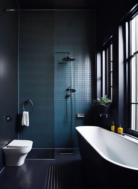 Blue Shower Tile, Moody Bathroom, Glamorous Bathroom, Blue Bathroom Decor, Bathroom Decor Colors, Dark Tile, Powder Room Decor, Black Floor, Blue Bathroom