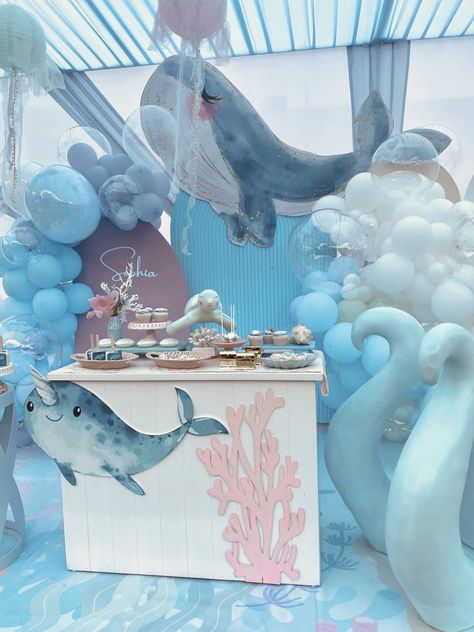 Sea Birthday Party Decorations, Sea Birthday Party Ideas, Whale Birthday Parties, Underwater Birthday, Birthday Under The Sea, Baby First Birthday Themes, Baby Birthday Party Theme, Whale Birthday, Ocean Baby Showers