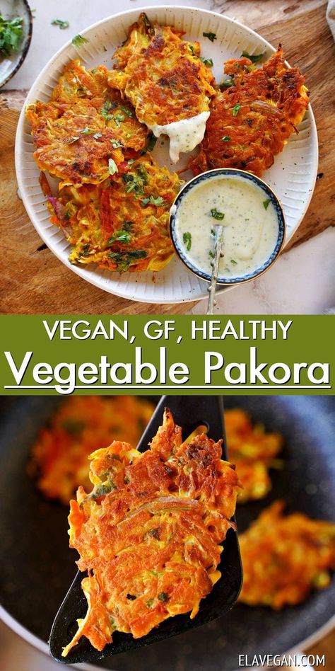 These mixed vegetable pakora are super crispy outside and tender in the middle, but pan-fried to use minimal oil! Use your favorite vegetables in a flavorful chickpea flour batter for a gluten-free, vegan snack or appetizer! #pakora #vegetablepakora #Indianfritters #veggiefritters #vegetablefritters #elasrecipes | elavegan.com Vegetable Pakora, Chickpea Flour Recipes, Gluten Free Vegetables, Veggie Fritters, Vegan Indian Recipes, Pakora Recipes, Vegan Snack, Fritter Recipes, Chickpea Flour