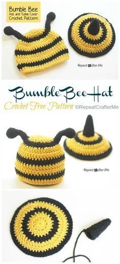 Baby Bumble Bee, Bee Hat, Crochet Baby Photo Prop, Repeat Crafter Me, Crochet Baby Beanie, Baby Crochet Patterns Free, Crocheted Hats, Crochet Hat Free, Crochet Bee