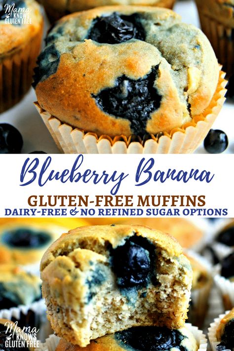 The only gluten-free blueberry banana muffin recipe you’ll ever need; a one bowl wonder! No mixer required for these super moist gluten-free blueberry banana muffins. Dairy-free and no refined sugar option. mamaknowsglutenfree.com #healthyrecipes #glutenfreerecipe #bananamuffins #blueberrymuffins #dairyfreerecipe #norefinedsugar Blueberry Banana Muffins, Gluten Free Banana Muffins, Banana Blueberry Muffins, Banana Muffin, Banana Muffin Recipe, Gluten Free Banana, Overripe Bananas, Gluten Free Muffins, Dairy Free Options