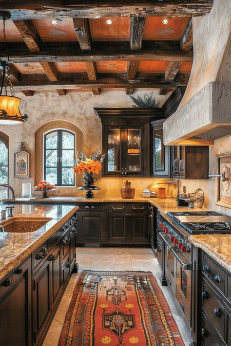 Spanish Western Home Decor, Villa Kitchen Ideas, Spanish Villa Kitchen, Spanish Villa Interior, Ranch House Interior Design, Spanish Kitchen Design, Garden Gate Ideas, Modern Mexican Decor, Hacienda Style Kitchen