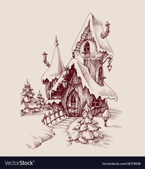 Snow Castle, Castle Drawing, Fantasy Drawings, Building Art, Fantasy House, House Drawing, Landscape Drawings, Art Drawings Sketches Creative, Christmas Drawing