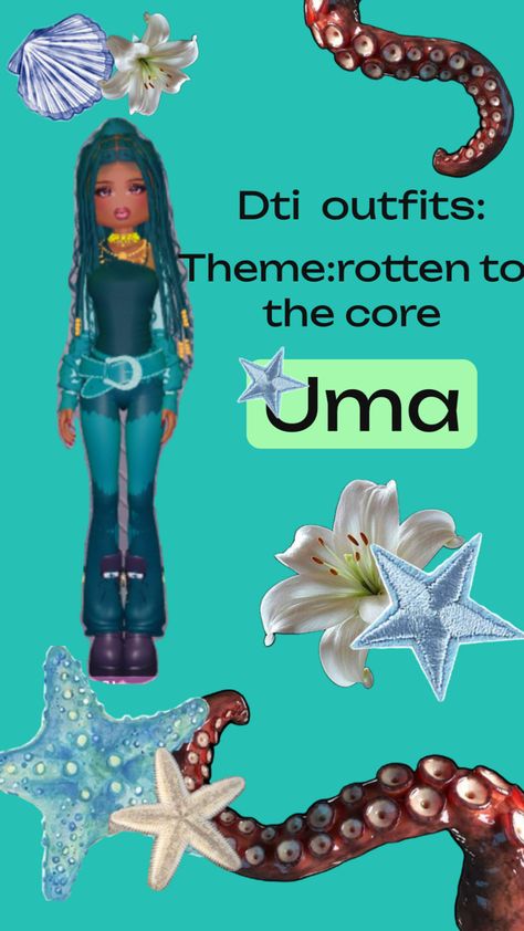 —Character:Uma from descendants 🐙💙 — (use without creds) — enjoy! <3 — 💫⚡️✨ — #dresstoimoress #dti #decsendants #cute #Uma #Ursula #roblox #vip Rotten To The Core, Descendants, Dress To Impress