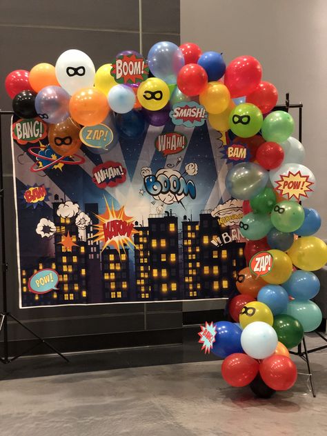 Super Hero Background Superhero Backdrop, Superhero Pep Rally, Superhero Theme Party Decorations, Adult Superhero Party, Pep Rally Themes, Superhero Photo Booth, Superhero Balloons, Superhero Backdrop, Superhero Vbs