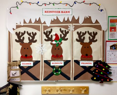 "Reindeer Barn" Christmas bulletin board idea. Reindeer Stables Hallway Decoration, Reindeer Office Door Decorations, Office Christmas Decorations Reindeer, Diy Reindeer Stable, Deer Bulletin Board Ideas, Reindeer Hallway Decorations, Reindeer Barn Decorations, Reindeer Stables Decorations, North Pole Office Decorations