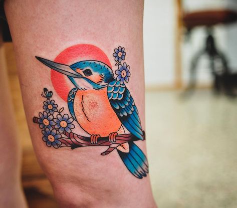 King fisher tattoo done in new traditional style Kingfisher Bird Tattoo, King Fisher Tattoo, Kingfisher Tattoo, The Fisher King, King Fisher, Elements Tattoo, Expect Nothing, Water Birds, Kingfisher Bird