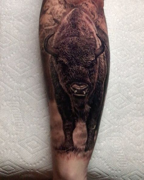 John Traynor on Instagram: “Fresh Bison Tattoo thank you @joseecd and @lastritestattoo !!!#bisontattoo #bison #grandtetons #buffalo #merica #tattoo #tattoos #musician…” Bison Sleeve Tattoo, Buffalo Tattoo Design, Buffalo Tattoo Ideas For Men, American Bison Tattoo, Bison Tattoo Ideas, Buffalo Tattoo Ideas, Buffalo Tattoo, Bison Tattoo, Cowboy Tattoos