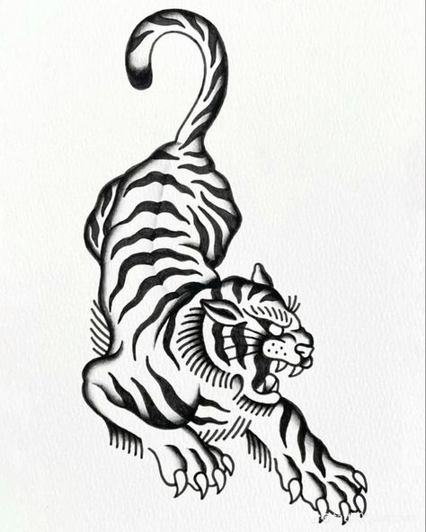 Tattoo Stencils Blackwork, Traditional Style Tiger Tattoo, American Traditional Tiger Tattoo Black, American Trad Animal Tattoo, Animal Tattoos Traditional, Tiger American Traditional Tattoo, Tiger Flash Tattoo, Trad Tiger Tattoo, Lion Traditional Tattoo