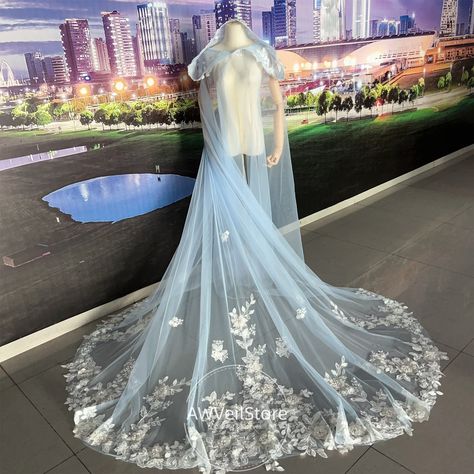 Hooded Cape Veil, Blue Wedding Veil, White Long Sleeve Wedding Dress, Pastel Blue Wedding, Blue Wedding Gowns, Color Veil, Cape Veil, Blue Veil, Tulle Cape