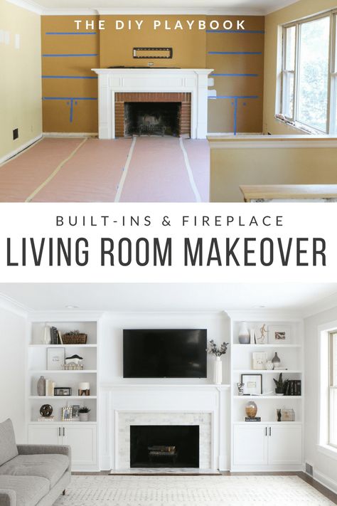 The before and after of a living room makeover with white built-ins flanking a fireplace. Bedroom Furniture Names, White Built Ins, Built In Around Fireplace, Fake Fireplace, Built In Shelves Living Room, Living Room Built Ins, Diy Playbook, Fireplace Built Ins, Fireplace Remodel