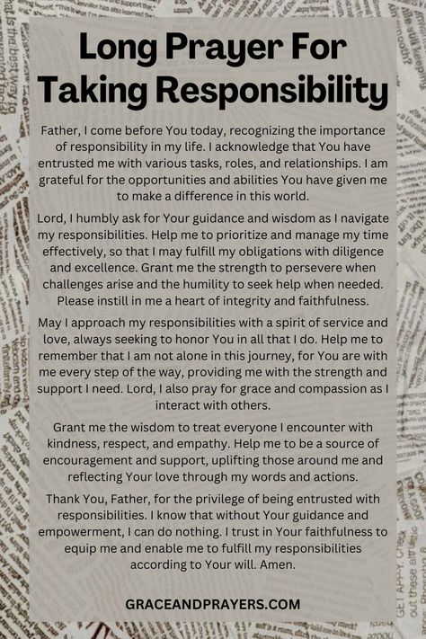 Taking responsibility can be a profound spiritual journey, inviting God's guidance to lead us towards growth and maturity.  Find solace and strength in a long prayer for taking responsibility, a heartfelt plea for wisdom, humility, and the courage to own our actions.  Embrace accountability with grace and faith. Read more about this prayer at Grace and Prayers. Long Prayers, God Guidance, Gods Wallpaper, Exam Prayer, Prayers For Myself, Daily Devotional Prayer, Prayer For Wisdom, Quotes For Christians, Prayer For Our Children