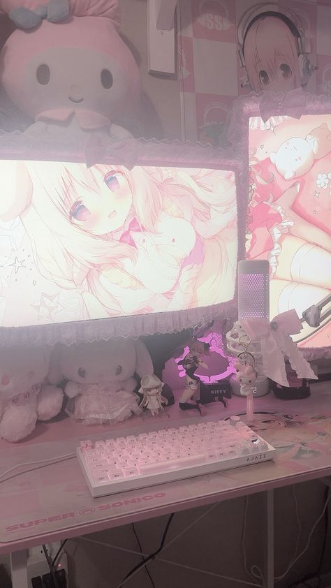 Pink And White Gaming Setup, White Gaming Setup, Pink Setup, Kawaii Nintendo, Anime Bedroom Ideas, Office Themes, Otaku Room, Silver Mist, Cute Decor