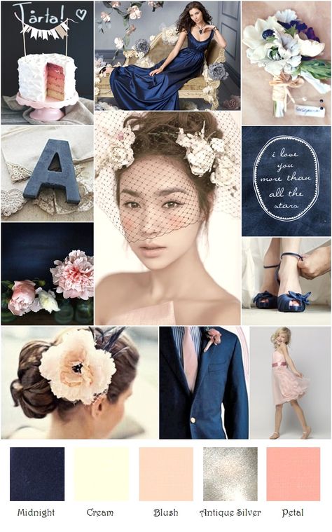 Navy Blue and Blush Wedding | Navy Blush Cream Gray Silver Rustic Inspiration Board Blush Wedding Palette, Blue And Peach Wedding, Blue And Blush Wedding, Rustic Inspiration, Mrs Hudson, Wedding Colour, Spring Wedding Colors, Wedding Palette, Gold Champagne