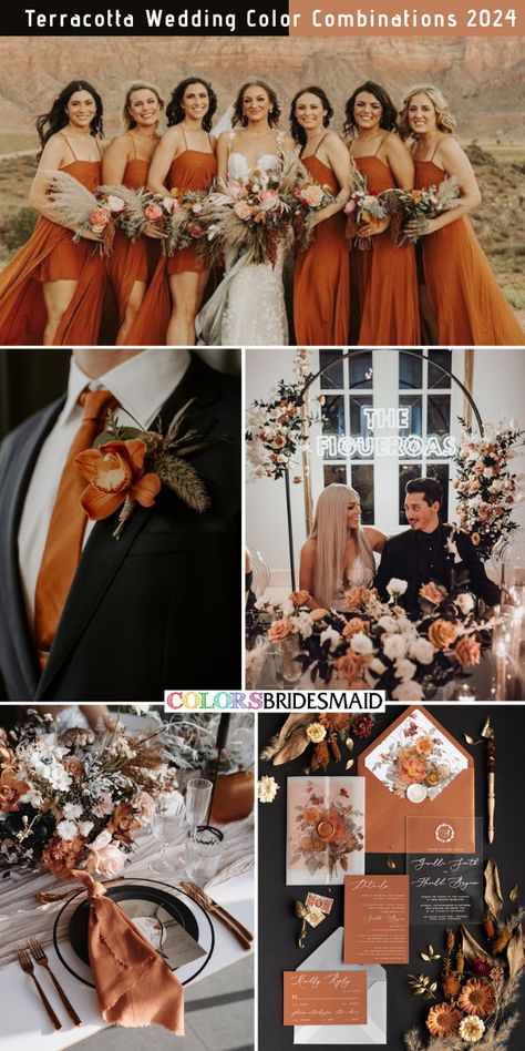 Terracotta and black wedding color combos inspirations for 2024: terracotta bridesmaid dresses, white bridal gown, terracotta bouquets, black groom and groomsmen suits, terracotta wedding corsages and ties, terracotta wedding invitations, terracotta and white table centerpieces, terracotta napkins. #weddingcolors #weddingideas #fallweddings #terracottaweddings #colsbm #2024 #bridesmaiddresses #terracottaandblack Mocha And Terracotta Wedding, Black Gold And Terracotta Wedding, Terracotta And Black Wedding Centerpieces, Rust Burgundy Black Wedding, Terra Cotta Fall Wedding, Butterscotch Wedding Colors, Terra Cotta And Black Wedding, Rust Champagne And Black Wedding, Beige And Terracotta Wedding