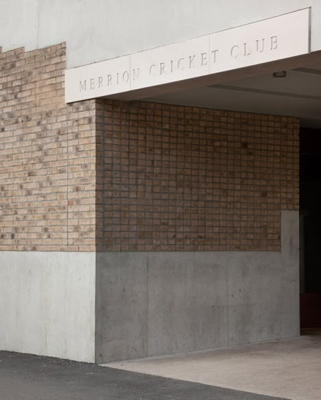 Brick And Concrete Facade, Taka Architects, Cricket Pavilion, Brick Door, Entrance Halls, Town Planning, Brick Detail, Architectural Materials, Concrete Facade