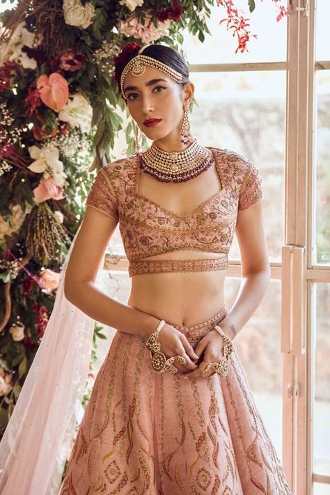 Sulakshana Monga, Blush Pink Lehenga, Yellow And Pink Flowers, Pastel Palettes, Short Blouse, Paisley Embroidery, Organza Lehenga, Yellow Lehenga, Blue Lehenga