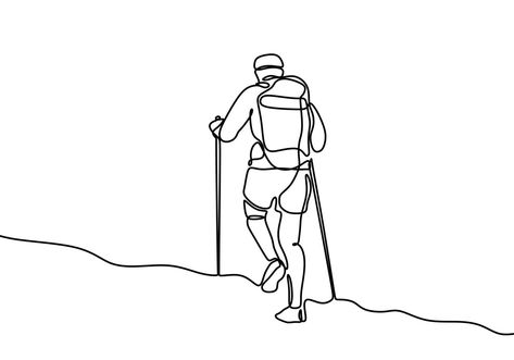 Hiker Drawing, Hiker Tattoo, Hiking Drawing, Men Toilet, People Hiking, Abstract Pencil Drawings, Mountain Tattoo, Continuous Line Drawing, Ink Sketch