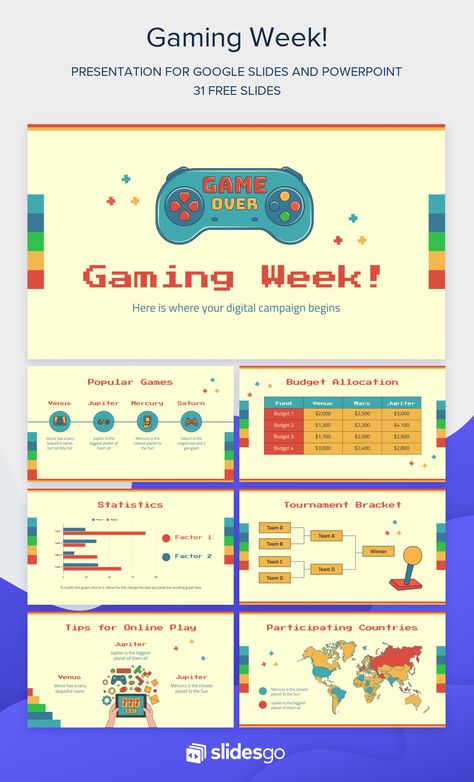 Promote a gaming week and gather players from everywhere by using this wonderful template for Google Slides and PowerPoint. You'll love the typography! Interactive Powerpoint Presentation, Powerpoint Game Templates, Theme Powerpoint, Ppt Template Design, Free Ppt Template, Powerpoint Tutorial, Brand Guidelines Template, Presentation Design Layout, Powerpoint Games