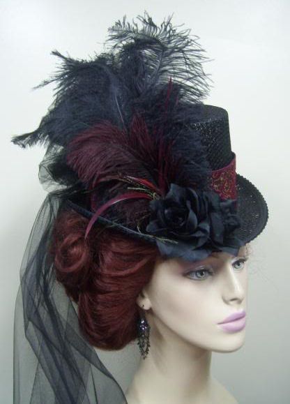 Victorian Era Black & Burgundy Hat w/ train Victorian Top, Classy Hats, Mode Steampunk, Steampunk Top Hat, Victorian Hairstyles, Victorian Hats, Steampunk Hat, Vintage Wedding Hair, Top Hats