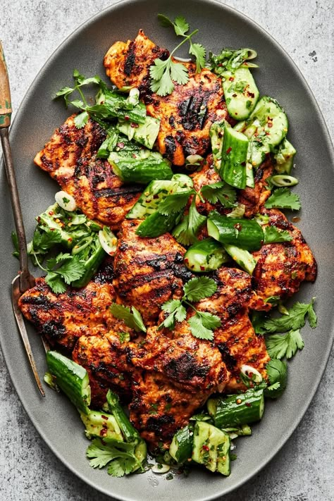 Cucumber And Chicken, Grilled Chicken Recipes Indian, Grilled Chicken With Vegetables, Cucumber Chicken, Mint Dishes, Indian Grilled Chicken Recipes, Curry Grilled Chicken, Summer Dinner Recipes, Grilled Chicken And Zucchini Recipes