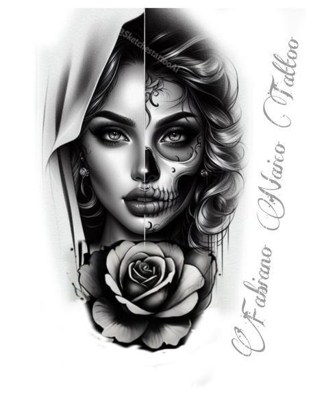 Tattoo Ideas Female Realistic, Woman Face Tattoo For Men, Chicano Style Tattoo Design, Catarina Tattoo, Half Woman Half Skull Tattoo, Leg Sleeves For Females Tattoo, Sarah Tattoo, Banner Tattoo, Day Of The Dead Tattoo