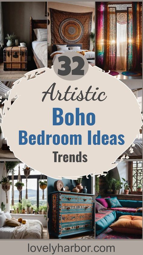 32 Artistic Boho Bedroom Ideas For 2024 Celestial Boho Bedroom, Dark Green Boho Bedroom, Dopamine Decor Bedroom, Virgo Witch, Boho Witchy Bedroom, Green Boho Bedroom, Dark Green Boho, Hippy Bedroom, Hippie Bedroom Decor