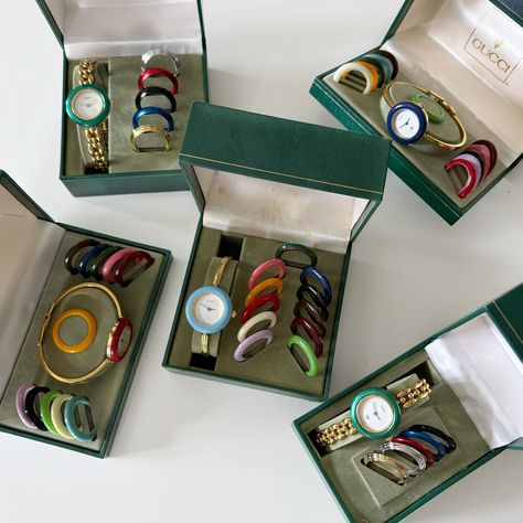 Gucci interchangeable bezel watch full sets from the 90s will be available on December 8th at 5pm pacific time! Gucci Changeable Watch, Gucci Interchangeable Watch, Gucci Bezel Watch, Bezel Watch, Gucci Watch, Dream Jewelry, The 90s, Jewelry Ideas, Gucci