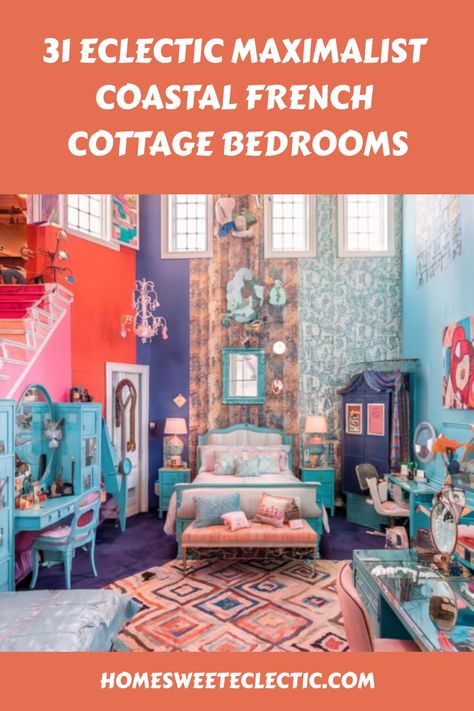 an eclectic maximalist bedroom with coastal and french cottage styles Maximalist Coastal, Whimsical Chandelier, Eclectic Maximalist Bedroom, French Cottage Bedroom, Maximalist Bedroom, Eclectic Maximalism, Cottage Bedrooms, Neon Bedroom, Tropical Bedrooms