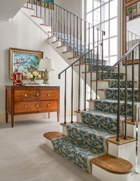 Showstopping style with Jenkins Interiors | Nathan Schroder Photography Staircase With Runner, Jenkins Interiors, Michigan Cottage, Entry Hallway, Retirement Community, Hall Design, Grand Staircase, Stair Runner, Entry Foyer