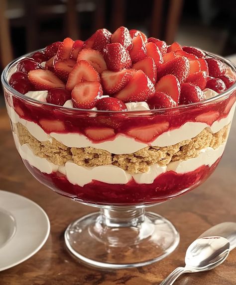 Strawberry Cheesecake Trifle is a show-stopping dessert that combines layers Strawberry Trifle Dessert, Strawberry Truffle Dessert, Triffle Desserts Simple, Cherry Cheesecake Trifle, Easy Trifle Desserts, Strawberry Cheesecake Pudding, Strawberry Cheesecake Trifle Recipe, Strawberry Cheesecake Trifle, Cheesecake Flavors