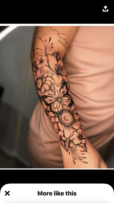 Butterfly Sleeve Tattoo, Lace Sleeve Tattoos, Unique Half Sleeve Tattoos, Butterfly With Flowers Tattoo, Lower Arm Tattoos, Arm Sleeve Tattoos For Women, Feminine Tattoo Sleeves, Tattoos Love, Back Shoulder Tattoos